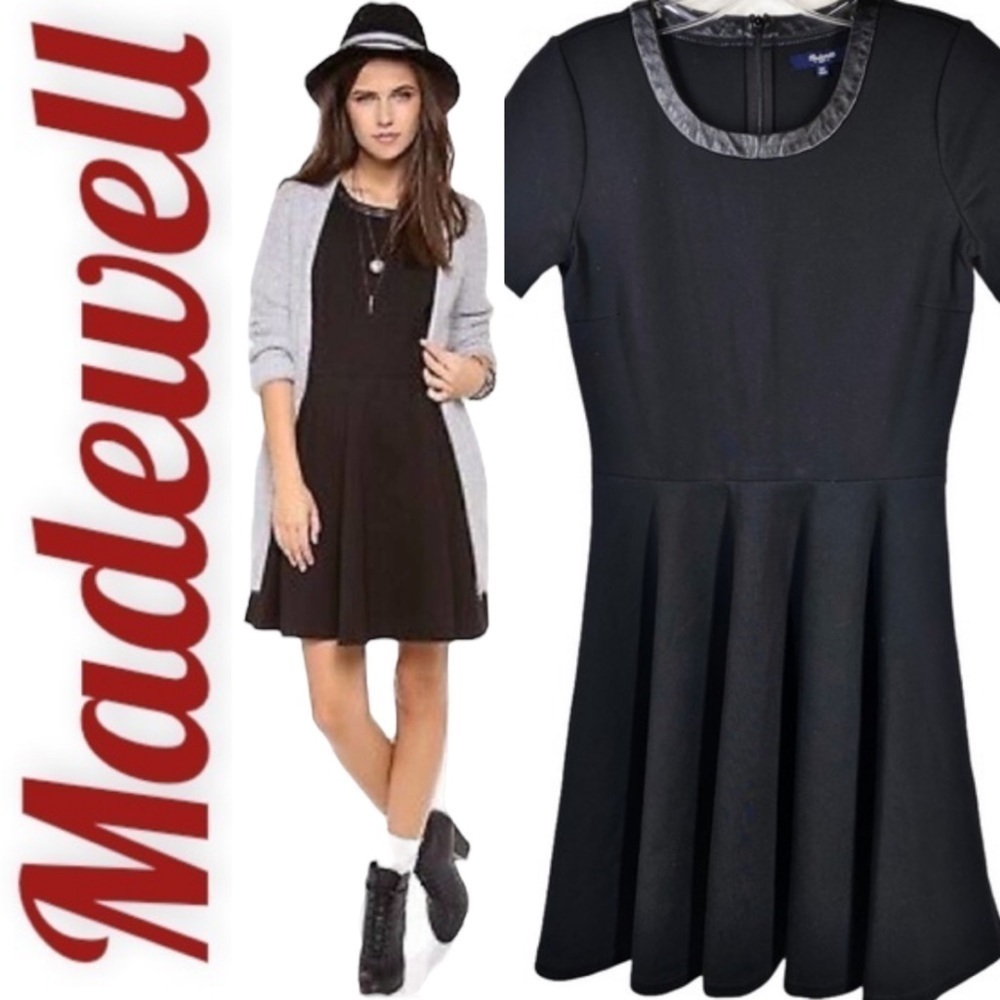 MADEWELL Black Fit & Flare Leather Trim Mini Dress,‎ Size XS